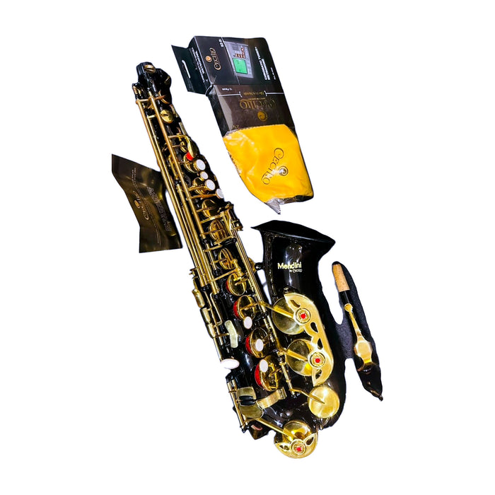 Mendini by Cecilio Alto Saxophone — Black Lacquer with Gold Keys, Full Outfit — Bob Music Store