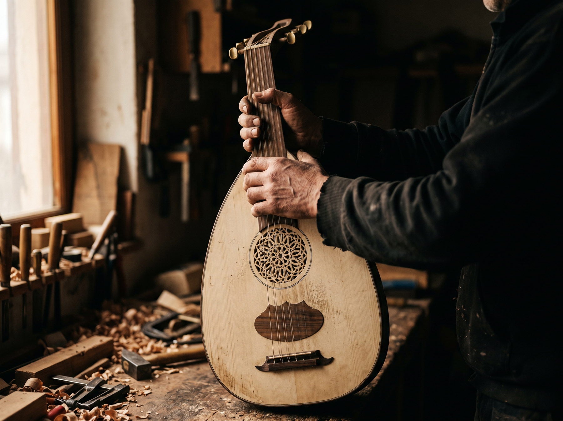 A handmade oud on the workbench