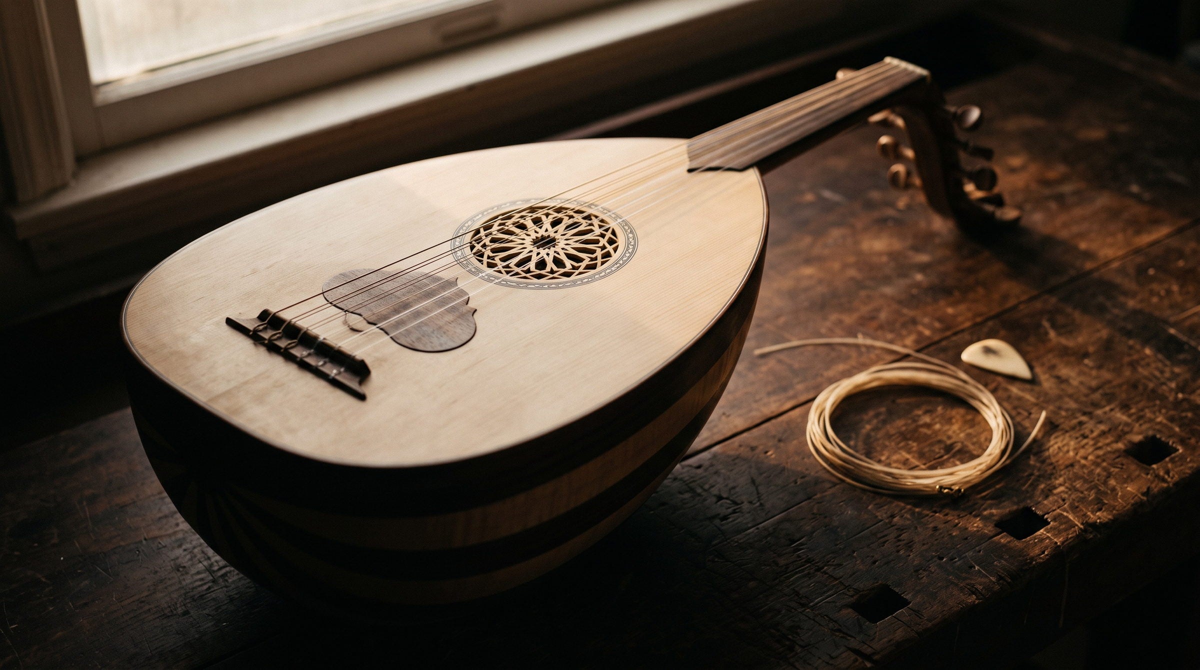 An oud resting against the wall of the shop